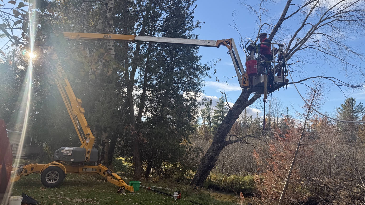 Crew member in an aerial lift working beside a creek