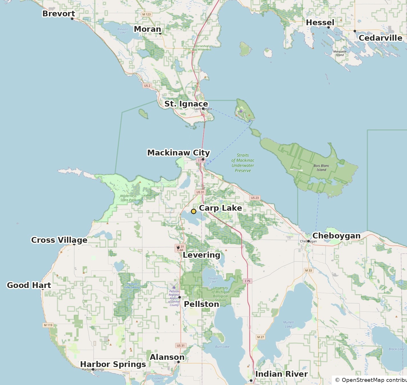 Detailed service-area map showing Carp Lake, Mackinaw City, Cheboygan, Pellston, Harbor Springs, Indian River, and nearby Upper Peninsula communities